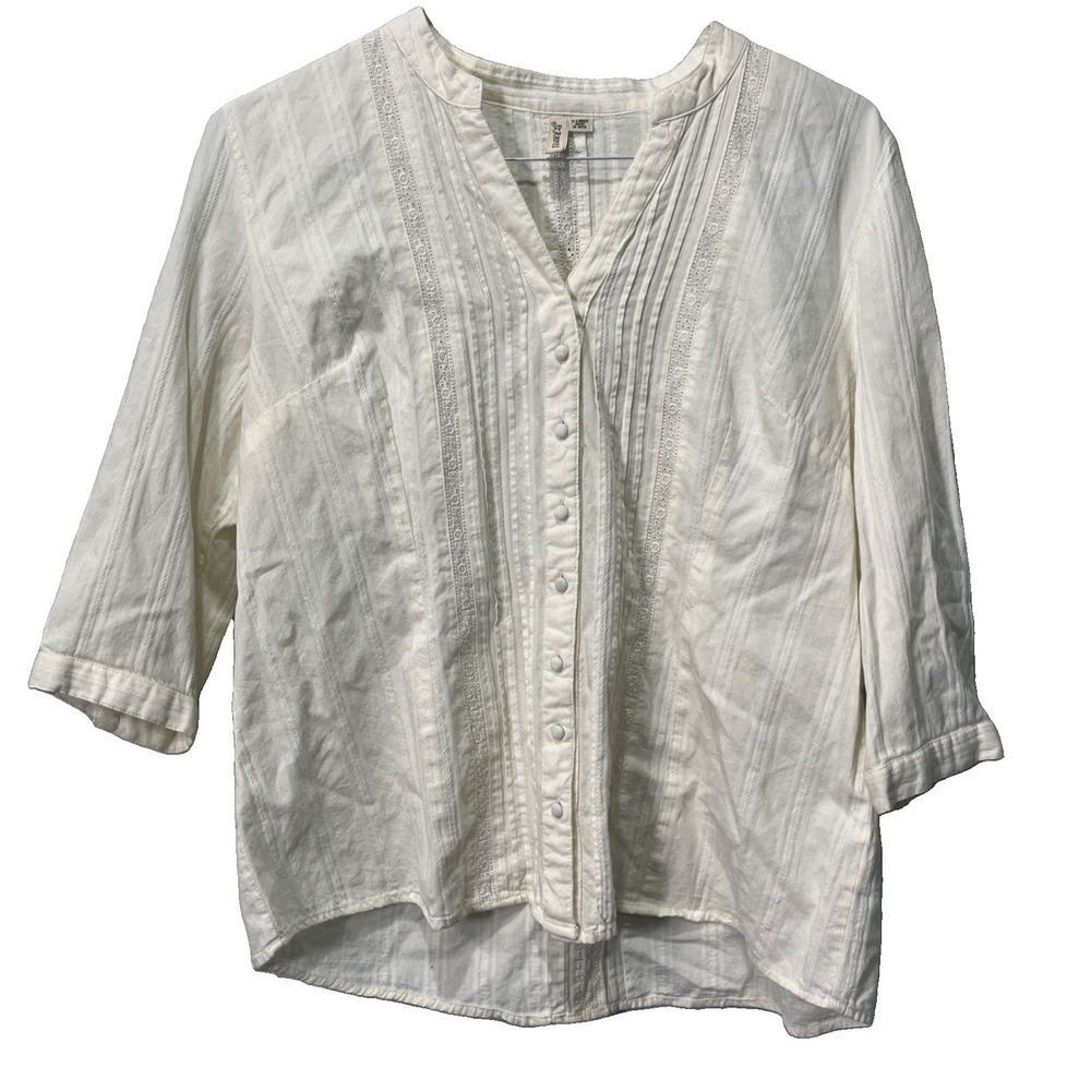 St Johns Bay Blouse Womens XL White Cotton Eyelet Lace Pintuck‎ Boho 3/4 Sleeve
